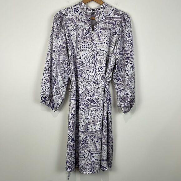 Ann Taylor Women’s Large Dress Long Sleeve Floral Silky Belted High Neck Purple - Picture 4 of 9